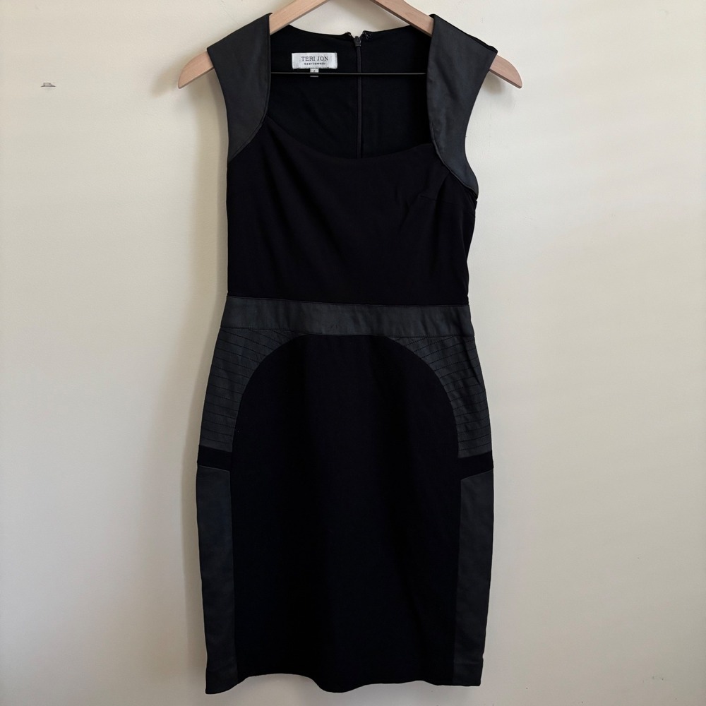 Teri Jon Sportswear Black Sheath Dress Leather Trim Sleeveless Size 4